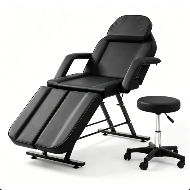 Main image of 3-Section Adjustable Massage Chair with Rolling Stool, Reclining Spa Tattoo Facial Bed for Beauty Lash Microblading Salon