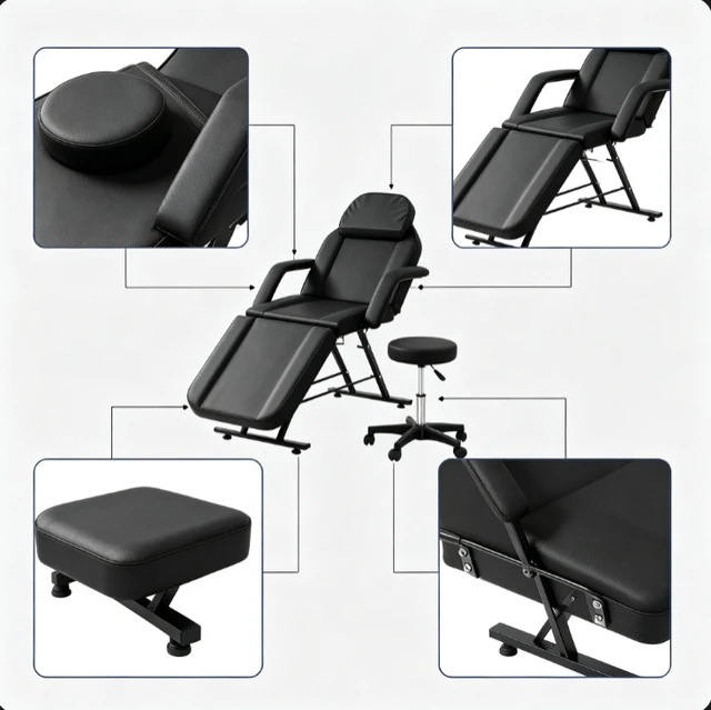 Alt view image 4 of 7 - 3-Section Adjustable Massage Chair with Rolling Stool, Reclining Spa Tattoo Facial Bed for Beauty Lash Microblading Salon