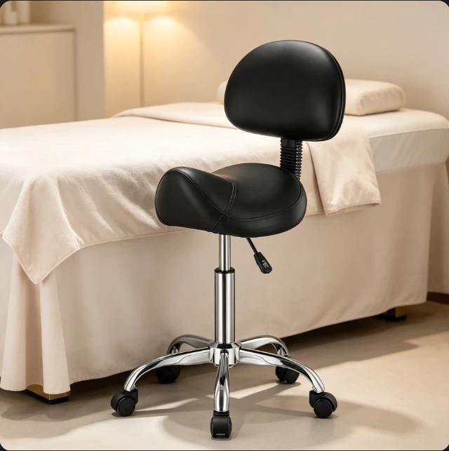 Alt view image 2 of 7 - Saddle Stool with Backrest, Height Adjustable Rolling Salon Chair, Swivel PU Leather Ergonomic Stool for Massage Tattoo Lash Spa