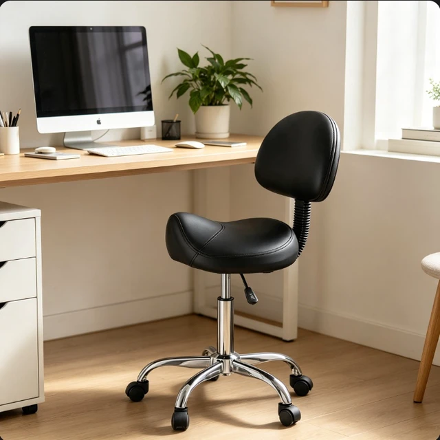 Alt view image 3 of 7 - Saddle Stool with Backrest, Height Adjustable Rolling Salon Chair, Swivel PU Leather Ergonomic Stool for Massage Tattoo Lash Spa