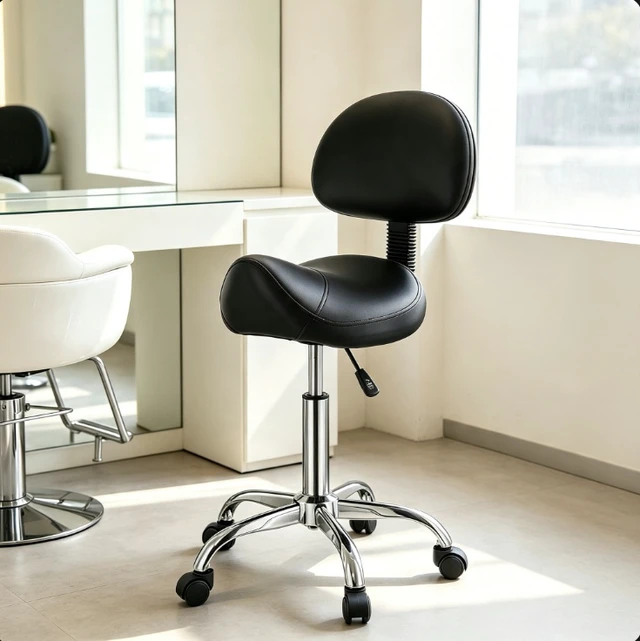 Alt view image 4 of 7 - Saddle Stool with Backrest, Height Adjustable Rolling Salon Chair, Swivel PU Leather Ergonomic Stool for Massage Tattoo Lash Spa