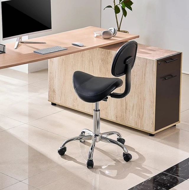 Alt view image 6 of 7 - Saddle Stool with Backrest, Height Adjustable Rolling Salon Chair, Swivel PU Leather Ergonomic Stool for Massage Tattoo Lash Spa