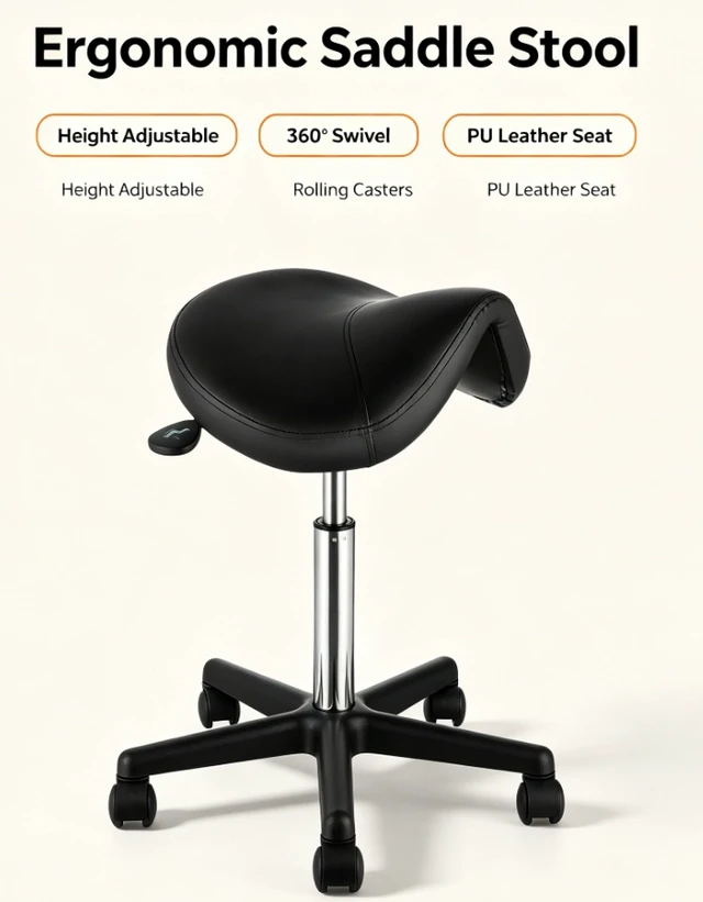 Alt view image 4 of 7 - Ergonomic Saddle Stool, Height Adjustable Rolling Salon Stool, 360 Swivel PU Leather Stool for Massage Tattoo Lash Spa