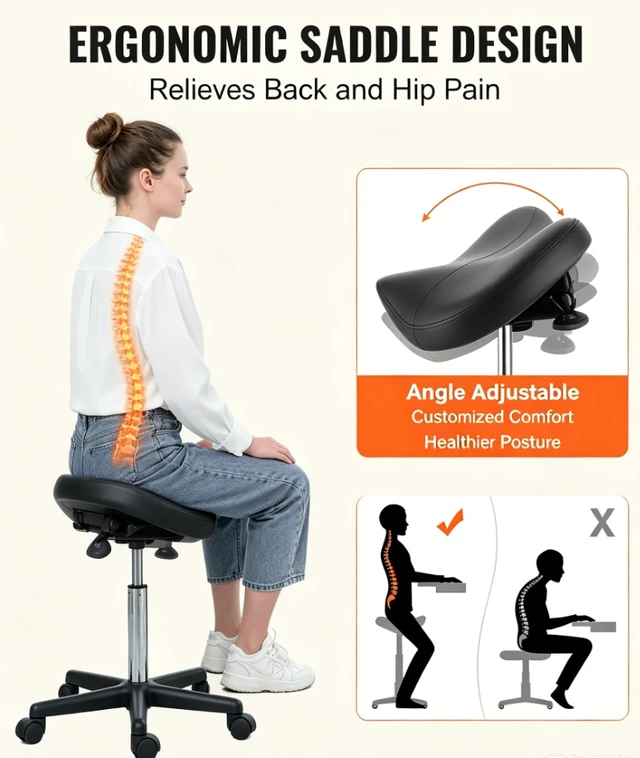 Alt view image 6 of 7 - Ergonomic Saddle Stool, Height Adjustable Rolling Salon Stool, 360 Swivel PU Leather Stool for Massage Tattoo Lash Spa