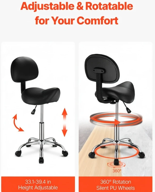 Alt view image 5 of 7 - Adjustable Saddle Stool with Backrest, 360° Rolling Swivel Salon Chair, Height Adjustable Ergonomic Medical Office Stool, 450LBS Weight Capacity