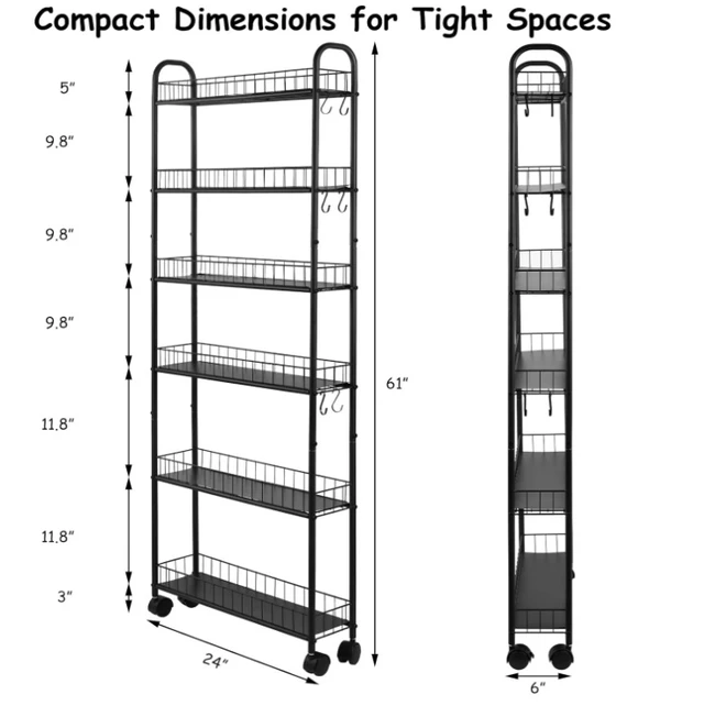 Alt view image 3 of 7 - 6-Tier Narrow Rolling Storage Cart, Metal Wire Shelving Unit with Wheels & Side Hooks, Mobile Freestanding Storage Rack for Kitchen, Bathroom, Pantry, Laundry Room