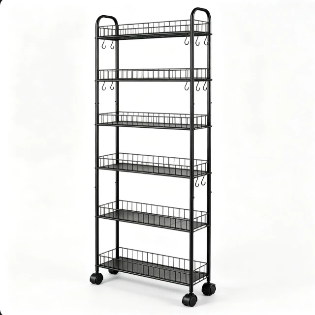 Alt view image 4 of 7 - 6-Tier Narrow Rolling Storage Cart, Metal Wire Shelving Unit with Wheels & Side Hooks, Mobile Freestanding Storage Rack for Kitchen, Bathroom, Pantry, Laundry Room