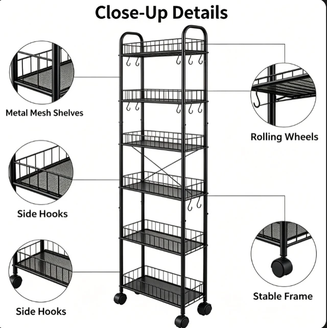Alt view image 7 of 7 - 6-Tier Narrow Rolling Storage Cart, Metal Wire Shelving Unit with Wheels & Side Hooks, Mobile Freestanding Storage Rack for Kitchen, Bathroom, Pantry, Laundry Room
