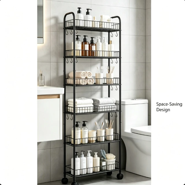 Alt view image 5 of 7 - 6-Tier Narrow Rolling Storage Cart, Metal Wire Shelving Unit with Wheels & Side Hooks, Mobile Freestanding Storage Rack for Kitchen, Bathroom, Pantry, Laundry Room