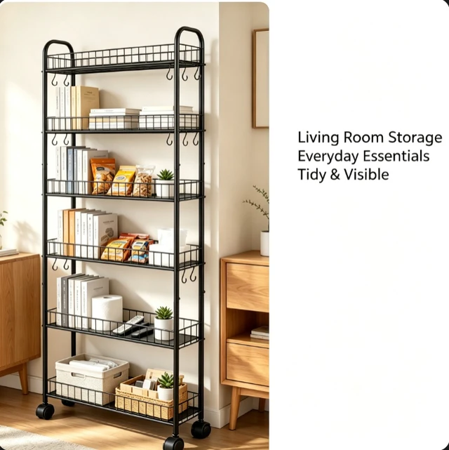 Alt view image 6 of 7 - 6-Tier Narrow Rolling Storage Cart, Metal Wire Shelving Unit with Wheels & Side Hooks, Mobile Freestanding Storage Rack for Kitchen, Bathroom, Pantry, Laundry Room