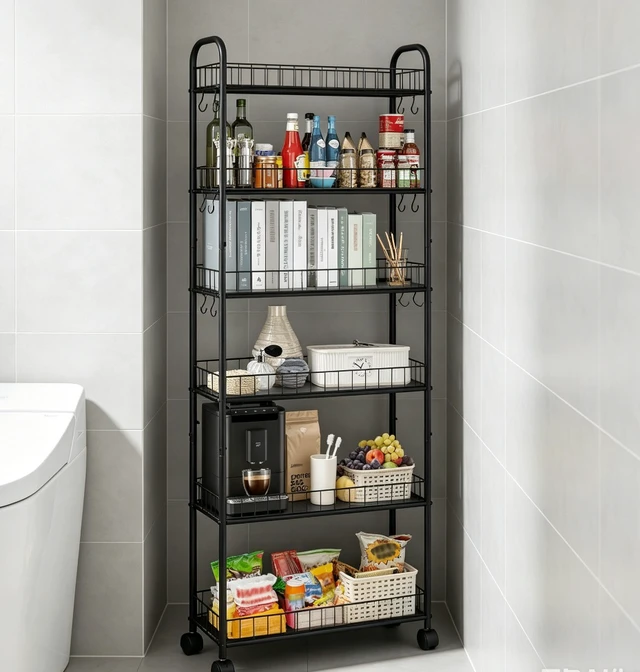 Alt view image 2 of 7 - 6-Tier Narrow Rolling Storage Cart, Metal Wire Shelving Unit with Wheels & Side Hooks, Mobile Freestanding Storage Rack for Kitchen, Bathroom, Pantry, Laundry Room