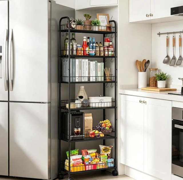 Main image of 6-Tier Narrow Rolling Storage Cart, Metal Wire Shelving Unit with Wheels & Side Hooks, Mobile Freestanding Storage Rack for Kitchen, Bathroom, Pantry, Laundry Room
