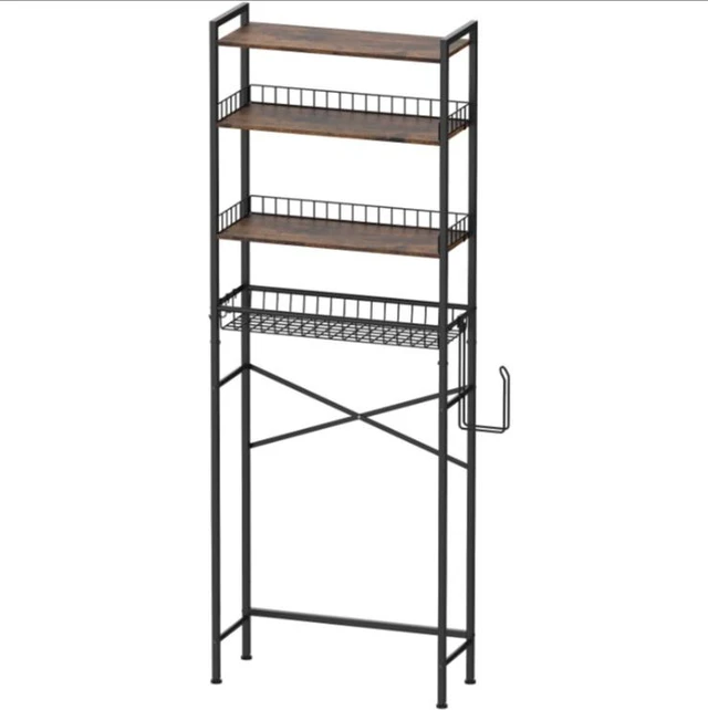 Main image of 4-Tier Over The Toilet Storage Rack, Freestanding Bathroom Organizer Shelf with Pull-out Wire Basket, Toilet Paper Holder & Anti-Tip Kit, Space Saver Bathroom Storage Shelves, Rustic Wood Look & Black