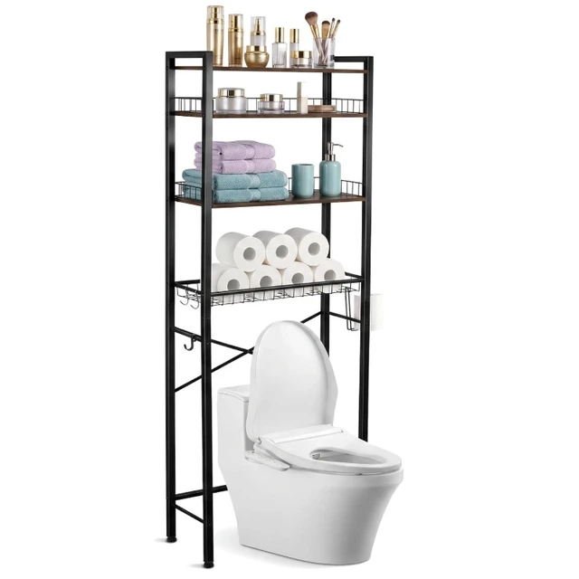 Alt view image 2 of 7 - 4-Tier Over The Toilet Storage Rack, Freestanding Bathroom Organizer Shelf with Pull-out Wire Basket, Toilet Paper Holder & Anti-Tip Kit, Space Saver Bathroom Storage Shelves, Rustic Wood Look & Black