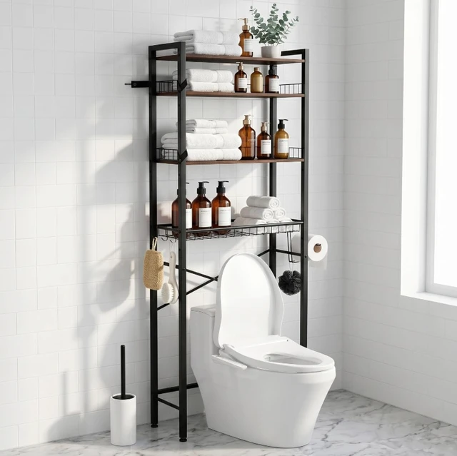 Alt view image 3 of 7 - 4-Tier Over The Toilet Storage Rack, Freestanding Bathroom Organizer Shelf with Pull-out Wire Basket, Toilet Paper Holder & Anti-Tip Kit, Space Saver Bathroom Storage Shelves, Rustic Wood Look & Black