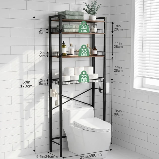 Alt view image 4 of 7 - 4-Tier Over The Toilet Storage Rack, Freestanding Bathroom Organizer Shelf with Pull-out Wire Basket, Toilet Paper Holder & Anti-Tip Kit, Space Saver Bathroom Storage Shelves, Rustic Wood Look & Black