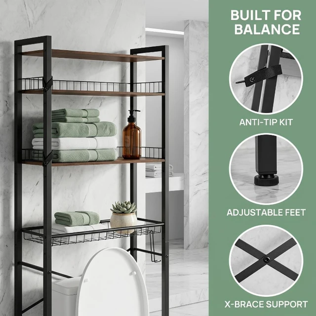Alt view image 5 of 7 - 4-Tier Over The Toilet Storage Rack, Freestanding Bathroom Organizer Shelf with Pull-out Wire Basket, Toilet Paper Holder & Anti-Tip Kit, Space Saver Bathroom Storage Shelves, Rustic Wood Look & Black