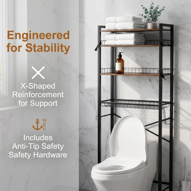 Alt view image 6 of 7 - 4-Tier Over The Toilet Storage Rack, Freestanding Bathroom Organizer Shelf with Pull-out Wire Basket, Toilet Paper Holder & Anti-Tip Kit, Space Saver Bathroom Storage Shelves, Rustic Wood Look & Black