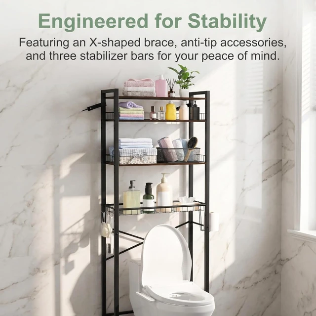 Alt view image 7 of 7 - 4-Tier Over The Toilet Storage Rack, Freestanding Bathroom Organizer Shelf with Pull-out Wire Basket, Toilet Paper Holder & Anti-Tip Kit, Space Saver Bathroom Storage Shelves, Rustic Wood Look & Black