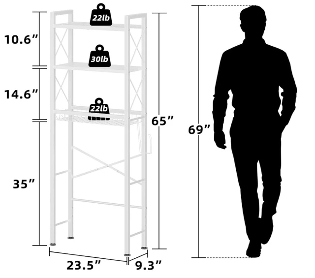 Alt view image 2 of 5 - 4-Tier Over The Toilet Storage Rack, Freestanding Bathroom Organizer Shelf with Side Toilet Paper Holder, X-Shaped Reinforced Metal Frame, Space Saver Shelving Unit for Bathroom, Laundry Room, Balcony
