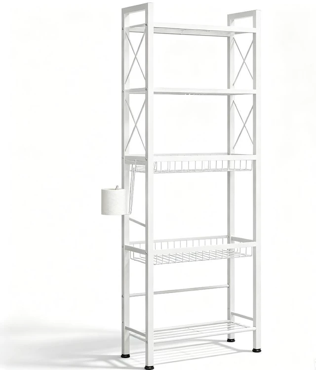 Main image of 4-Tier Over The Toilet Storage Rack, Freestanding Bathroom Organizer Shelf with Side Toilet Paper Holder, X-Shaped Reinforced Metal Frame, Space Saver Shelving Unit for Bathroom, Laundry Room, Balcony