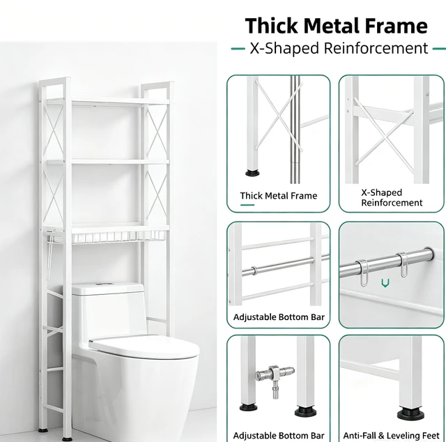 Alt view image 3 of 5 - 4-Tier Over The Toilet Storage Rack, Freestanding Bathroom Organizer Shelf with Side Toilet Paper Holder, X-Shaped Reinforced Metal Frame, Space Saver Shelving Unit for Bathroom, Laundry Room, Balcony