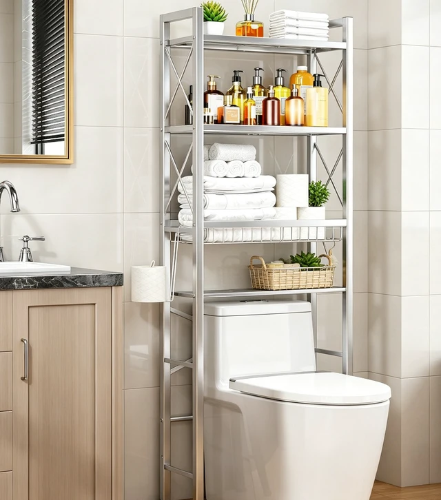 Alt view image 4 of 5 - 4-Tier Over The Toilet Storage Rack, Freestanding Bathroom Organizer Shelf with Side Toilet Paper Holder, X-Shaped Reinforced Metal Frame, Space Saver Shelving Unit for Bathroom, Laundry Room, Balcony