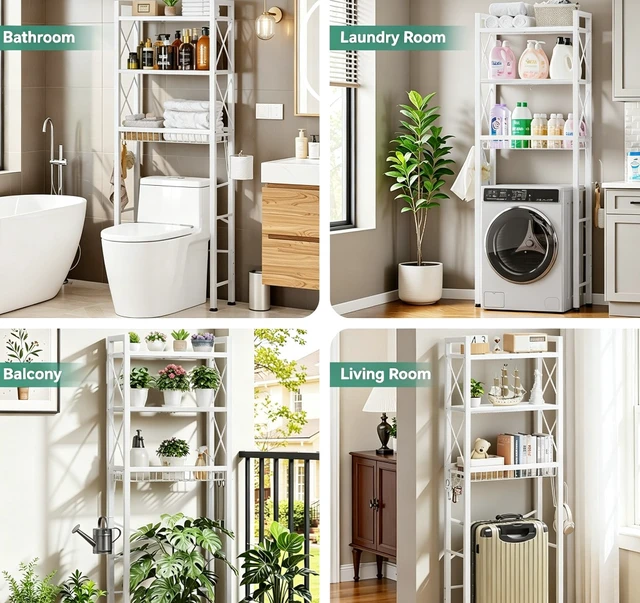 Alt view image 5 of 5 - 4-Tier Over The Toilet Storage Rack, Freestanding Bathroom Organizer Shelf with Side Toilet Paper Holder, X-Shaped Reinforced Metal Frame, Space Saver Shelving Unit for Bathroom, Laundry Room, Balcony