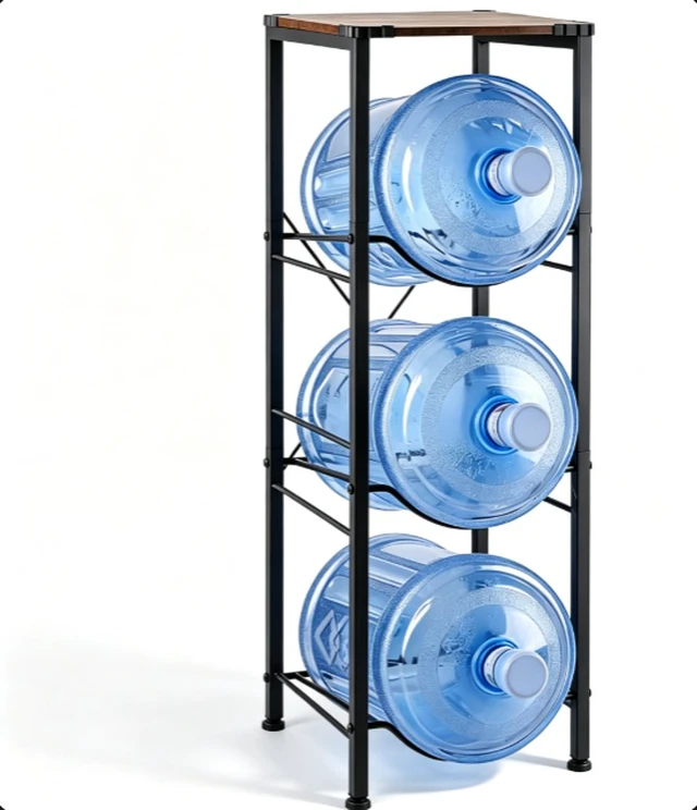 Alt view image 7 of 7 - 3-Tier Water Jug Storage Rack, Heavy Duty Metal 5 Gallon Water Bottle Holder with Wood Top, Water Dispenser Side Organizer Stand for Home Kitchen Office, Holds 3 Bottles