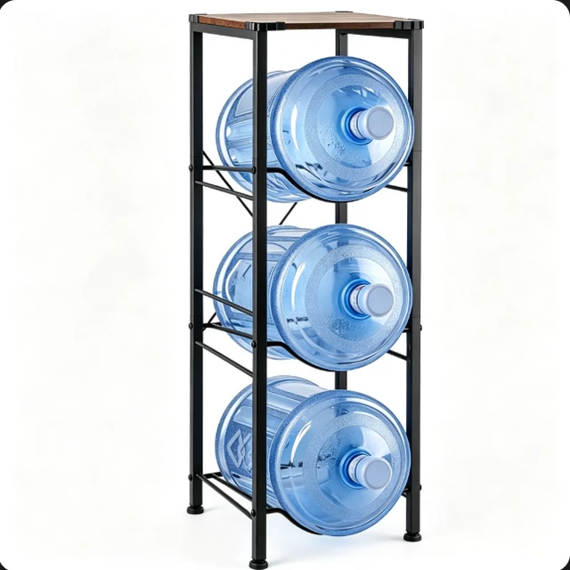 Alt view image 4 of 7 - 3-Tier Water Jug Storage Rack, Heavy Duty Metal 5 Gallon Water Bottle Holder with Wood Top, Water Dispenser Side Organizer Stand for Home Kitchen Office, Holds 3 Bottles