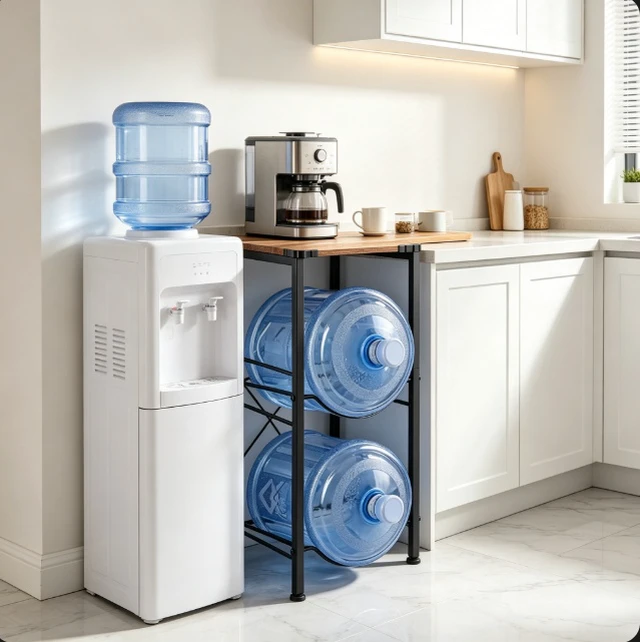 Alt view image 3 of 7 - 3-Tier Water Jug Storage Rack, Heavy Duty Metal 5 Gallon Water Bottle Holder with Wood Top, Water Dispenser Side Organizer Stand for Home Kitchen Office, Holds 3 Bottles