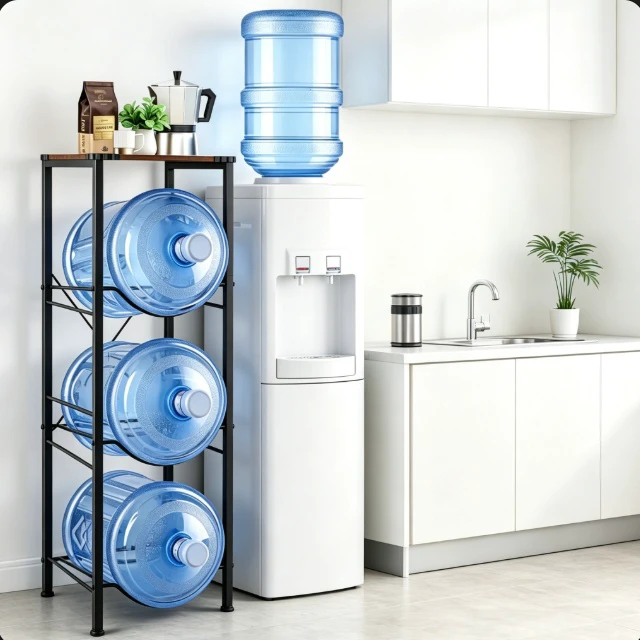 Alt view image 5 of 7 - 3-Tier Water Jug Storage Rack, Heavy Duty Metal 5 Gallon Water Bottle Holder with Wood Top, Water Dispenser Side Organizer Stand for Home Kitchen Office, Holds 3 Bottles