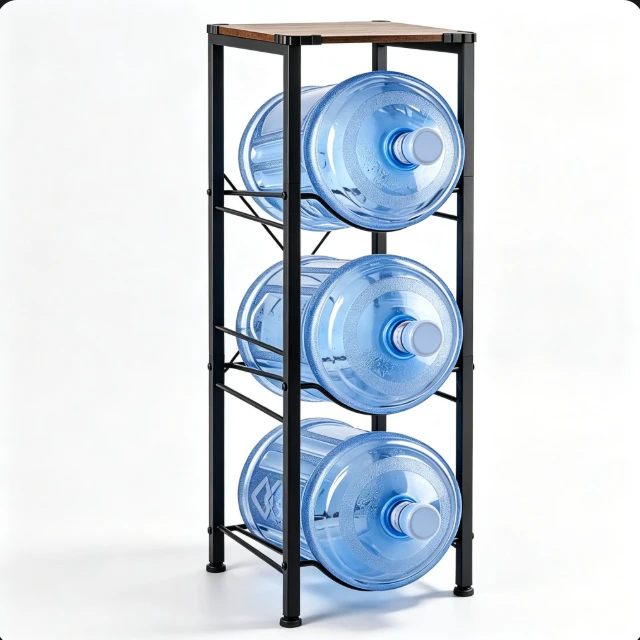 Alt view image 2 of 7 - 3-Tier Water Jug Storage Rack, Heavy Duty Metal 5 Gallon Water Bottle Holder with Wood Top, Water Dispenser Side Organizer Stand for Home Kitchen Office, Holds 3 Bottles