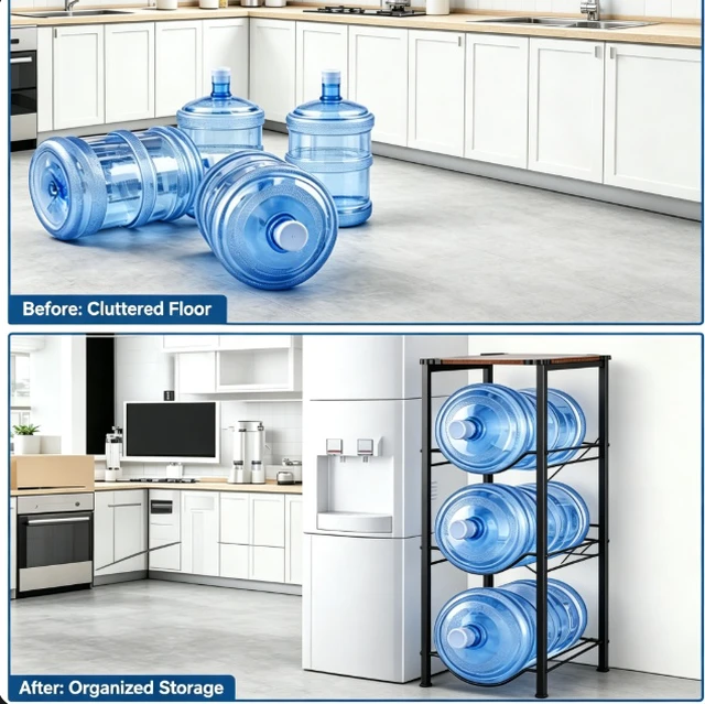 Alt view image 6 of 7 - 3-Tier Water Jug Storage Rack, Heavy Duty Metal 5 Gallon Water Bottle Holder with Wood Top, Water Dispenser Side Organizer Stand for Home Kitchen Office, Holds 3 Bottles