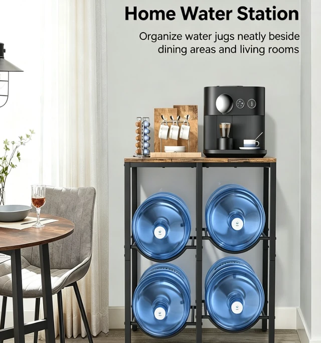 Alt view image 6 of 7 - 2-Tier Water Jug Storage Rack, Heavy Duty Metal 5 Gallon Water Bottle Holder with Wood Top, Water Dispenser Side Stand, Holds 4 Pack 5gal Water Jugs for Home Kitchen Office Breakroom