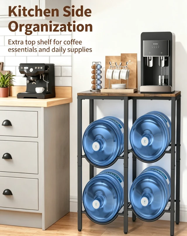 Alt view image 4 of 7 - 2-Tier Water Jug Storage Rack, Heavy Duty Metal 5 Gallon Water Bottle Holder with Wood Top, Water Dispenser Side Stand, Holds 4 Pack 5gal Water Jugs for Home Kitchen Office Breakroom