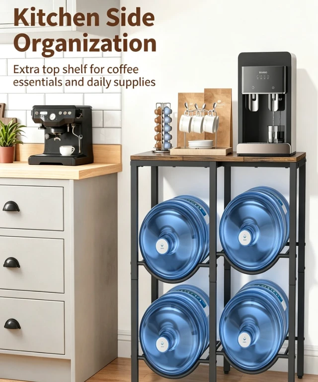 Alt view image 5 of 7 - 2-Tier Water Jug Storage Rack, Heavy Duty Metal 5 Gallon Water Bottle Holder with Wood Top, Water Dispenser Side Stand, Holds 4 Pack 5gal Water Jugs for Home Kitchen Office Breakroom