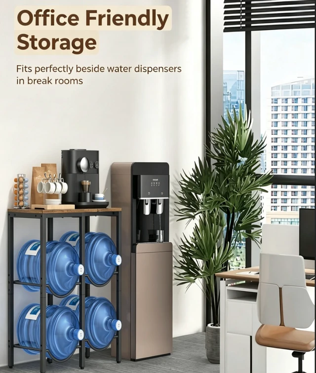Alt view image 3 of 7 - 2-Tier Water Jug Storage Rack, Heavy Duty Metal 5 Gallon Water Bottle Holder with Wood Top, Water Dispenser Side Stand, Holds 4 Pack 5gal Water Jugs for Home Kitchen Office Breakroom