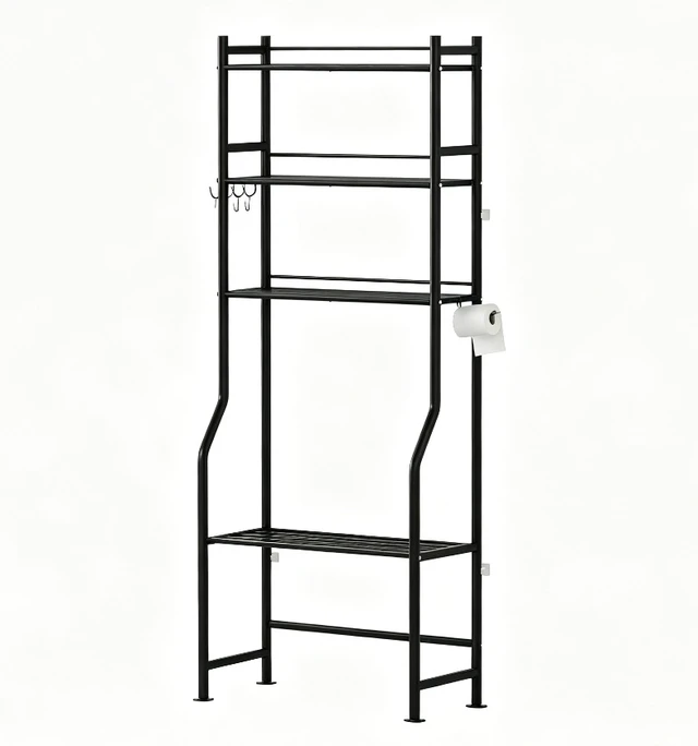 Alt view image 2 of 7 - 3-Tier Over The Toilet Storage Rack, Freestanding Metal Bathroom Shelf with Toilet Paper Holder & 4 Hooks, Adjustable Anti-Tip Space Saver for Bathroom, Powder Room, Laundry Room
