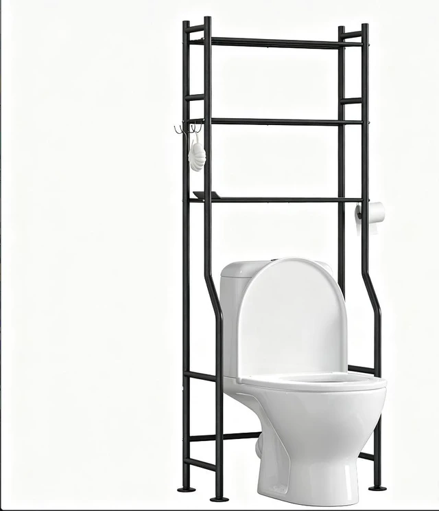 Main image of 3-Tier Over The Toilet Storage Rack, Freestanding Metal Bathroom Shelf with Toilet Paper Holder & 4 Hooks, Adjustable Anti-Tip Space Saver for Bathroom, Powder Room, Laundry Room