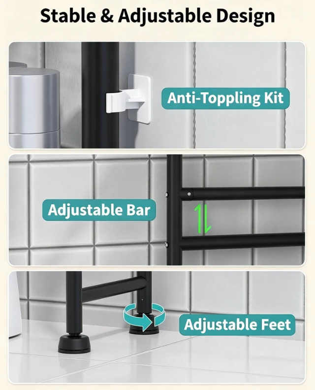 Alt view image 5 of 7 - 3-Tier Over The Toilet Storage Rack, Freestanding Metal Bathroom Shelf with Toilet Paper Holder & 4 Hooks, Adjustable Anti-Tip Space Saver for Bathroom, Powder Room, Laundry Room