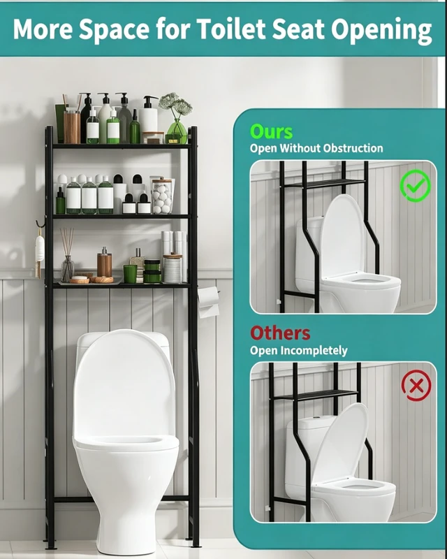 Alt view image 7 of 7 - 3-Tier Over The Toilet Storage Rack, Freestanding Metal Bathroom Shelf with Toilet Paper Holder & 4 Hooks, Adjustable Anti-Tip Space Saver for Bathroom, Powder Room, Laundry Room