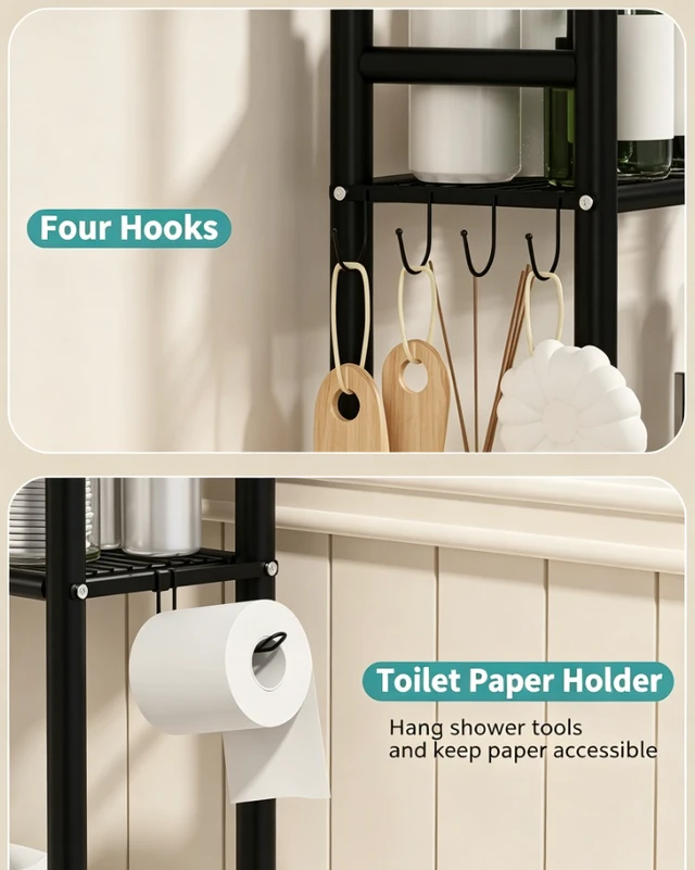Alt view image 4 of 7 - 3-Tier Over The Toilet Storage Rack, Freestanding Metal Bathroom Shelf with Toilet Paper Holder & 4 Hooks, Adjustable Anti-Tip Space Saver for Bathroom, Powder Room, Laundry Room