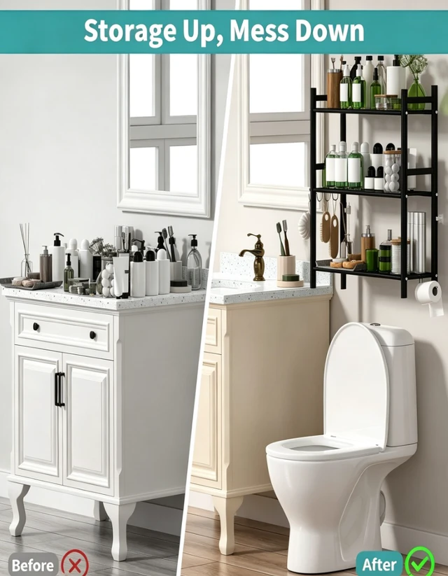 Alt view image 6 of 7 - 3-Tier Over The Toilet Storage Rack, Freestanding Metal Bathroom Shelf with Toilet Paper Holder & 4 Hooks, Adjustable Anti-Tip Space Saver for Bathroom, Powder Room, Laundry Room