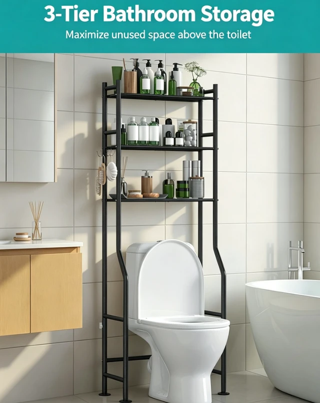 Alt view image 3 of 7 - 3-Tier Over The Toilet Storage Rack, Freestanding Metal Bathroom Shelf with Toilet Paper Holder & 4 Hooks, Adjustable Anti-Tip Space Saver for Bathroom, Powder Room, Laundry Room