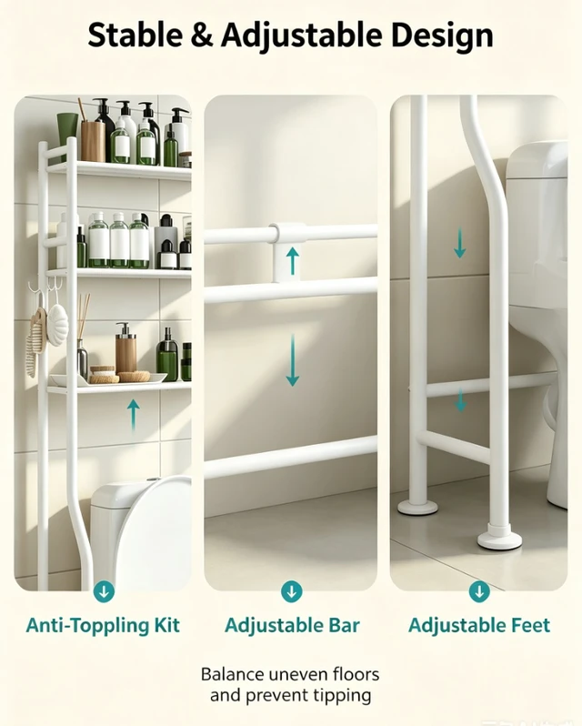 Alt view image 5 of 6 - 3-Tier Over The Toilet Storage Rack, Freestanding Metal Bathroom Shelf with Toilet Paper Holder & 4 Hooks, Adjustable Anti-Tip Space Saver Organizer for Bathroom, Powder Room, Laundry Room