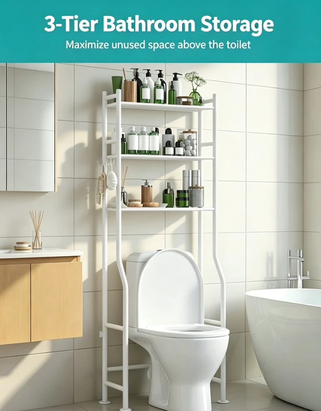 Alt view image 2 of 6 - 3-Tier Over The Toilet Storage Rack, Freestanding Metal Bathroom Shelf with Toilet Paper Holder & 4 Hooks, Adjustable Anti-Tip Space Saver Organizer for Bathroom, Powder Room, Laundry Room