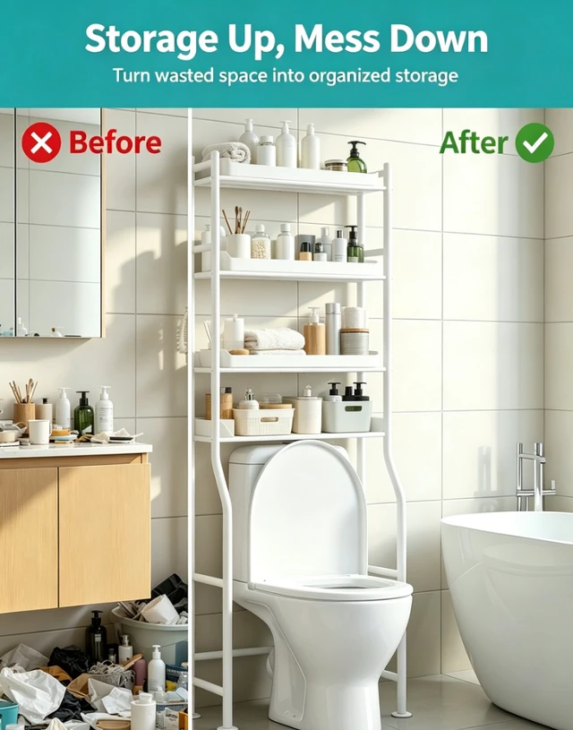 Alt view image 6 of 6 - 3-Tier Over The Toilet Storage Rack, Freestanding Metal Bathroom Shelf with Toilet Paper Holder & 4 Hooks, Adjustable Anti-Tip Space Saver Organizer for Bathroom, Powder Room, Laundry Room
