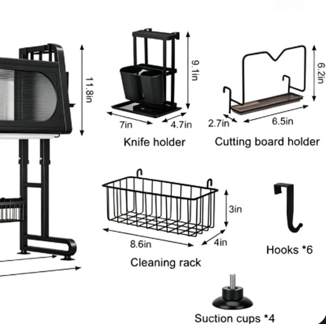 Alt view image 7 of 7 - Over Sink Dish Drying Rack with Dust Cover, Adjustable Large Kitchen Sink Dish Rack, Kitchen Counter Storage Organizer with Knife Holder, Cutting Board Holder, Utensil Caddy