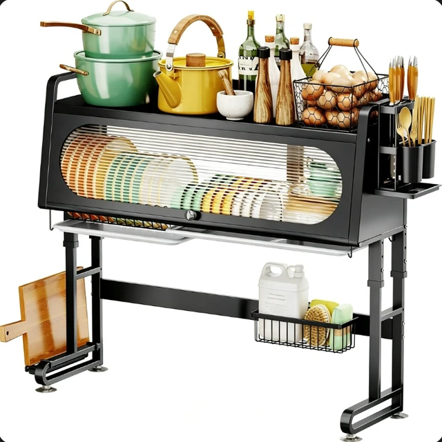 Alt view image 3 of 7 - Over Sink Dish Drying Rack with Dust Cover, Adjustable Large Kitchen Sink Dish Rack, Kitchen Counter Storage Organizer with Knife Holder, Cutting Board Holder, Utensil Caddy